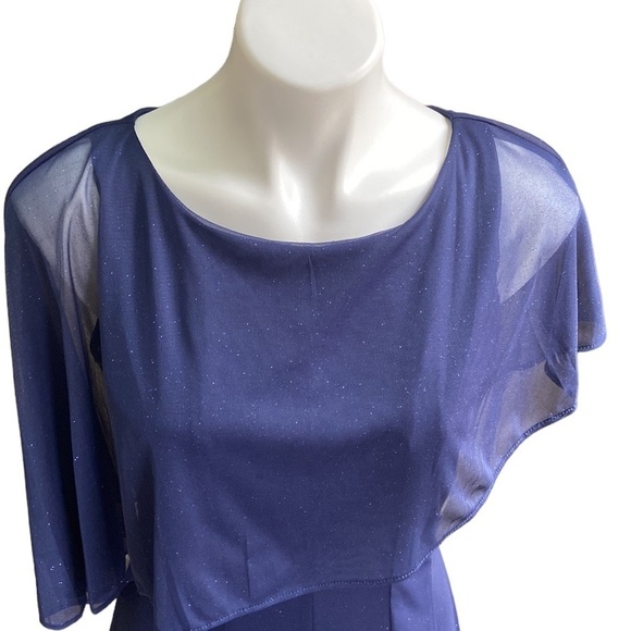 Maison Tara Women’s Navy Blue Asymmetrical Cape Midi Cocktail Dress Size 12 - Picture 1 of 10